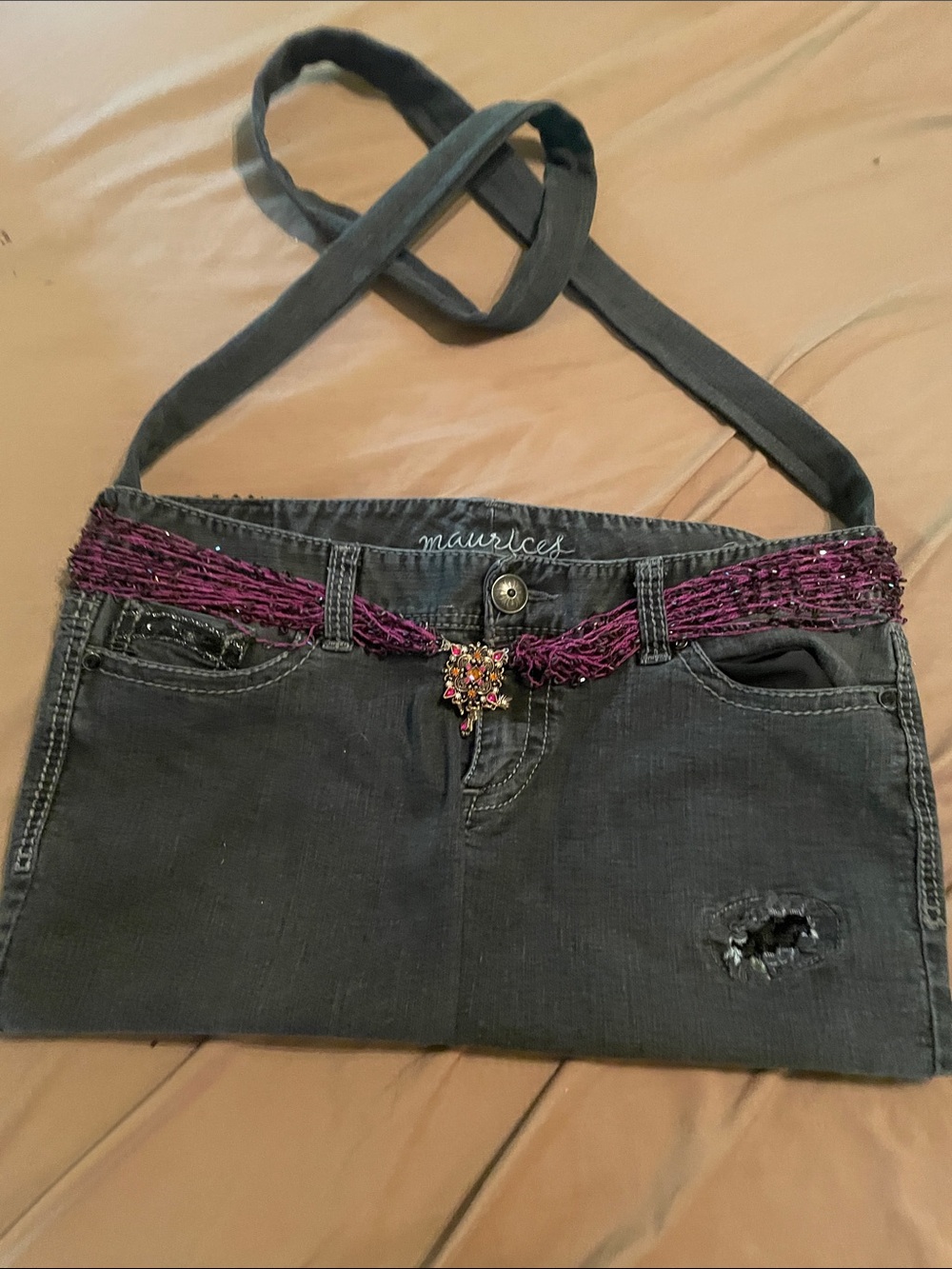 Handmade Charcoal Denim Crossbody with Purple Beaded Belt Accent 10x18 lined